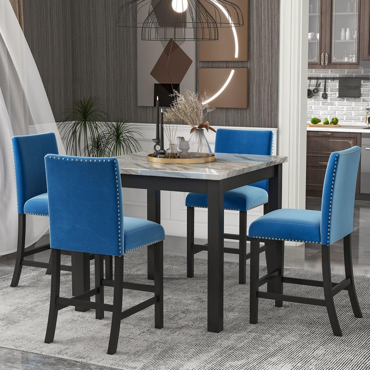 5-piece Counter Height Dining Table Set with One Faux Marble Dining Table and Four Upholstered-Seat Chairs Blue - FurniFindUSA