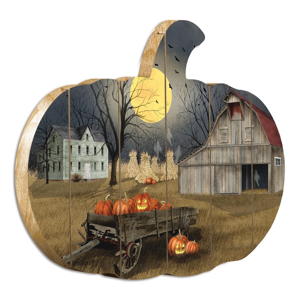 15" X 17" Black Gray And Yellow Pumpkin Wood Plank Hanging Wall Decor