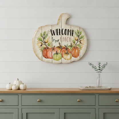 15" X 17" Black Ivory And Orange Pumpkin Wood Plank Hanging Wall Decor