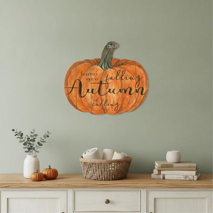 15" X 17" Orange And Black Wood Leaves Are Falling Autumn Is Calling Pumpkin Hanging Dimensional Sculpture HomeRoots