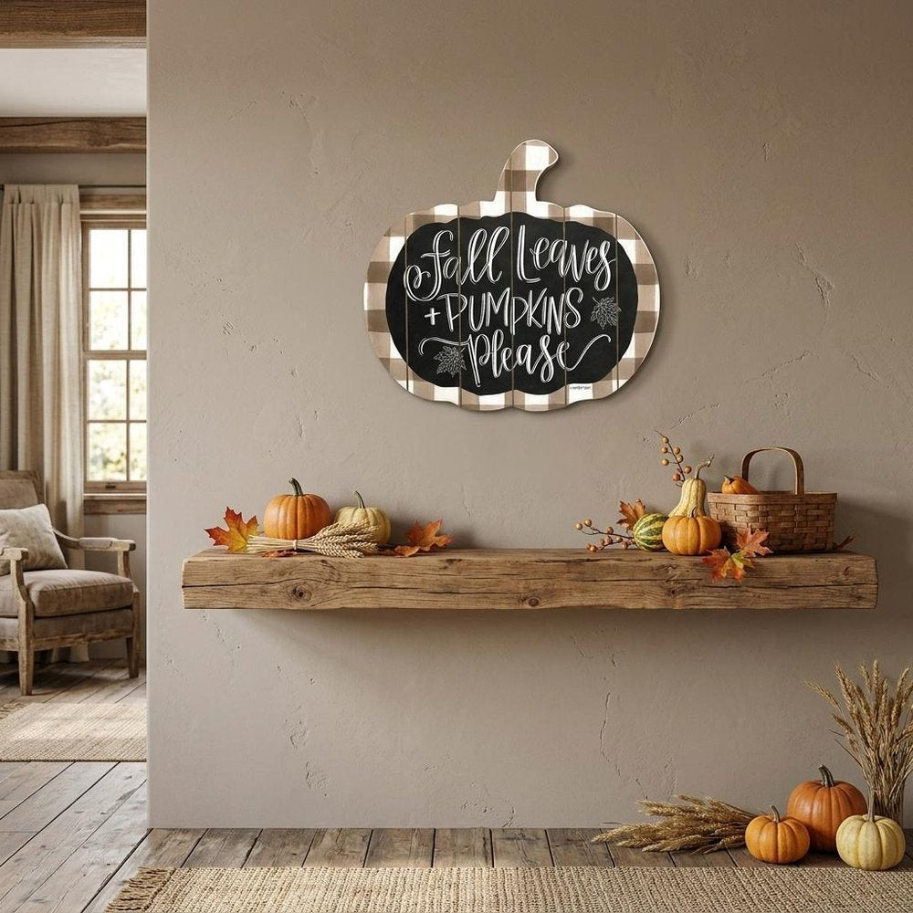 15" X 17" Brown And White Fall Leaves and Pumpkins Please Hanging Dimensional Sculpture — view 4