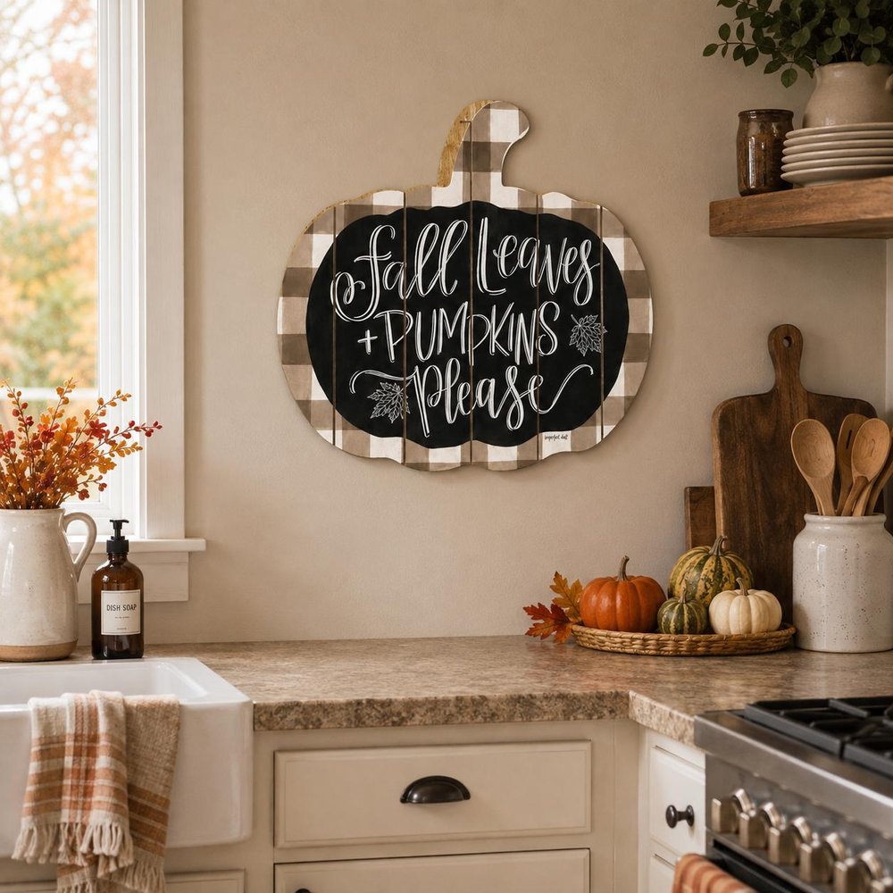 15" X 17" Brown And White Fall Leaves and Pumpkins Please Hanging Dimensional Sculpture — view 5