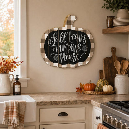 15" X 17" Brown And White Fall Leaves and Pumpkins Please Hanging Dimensional Sculpture