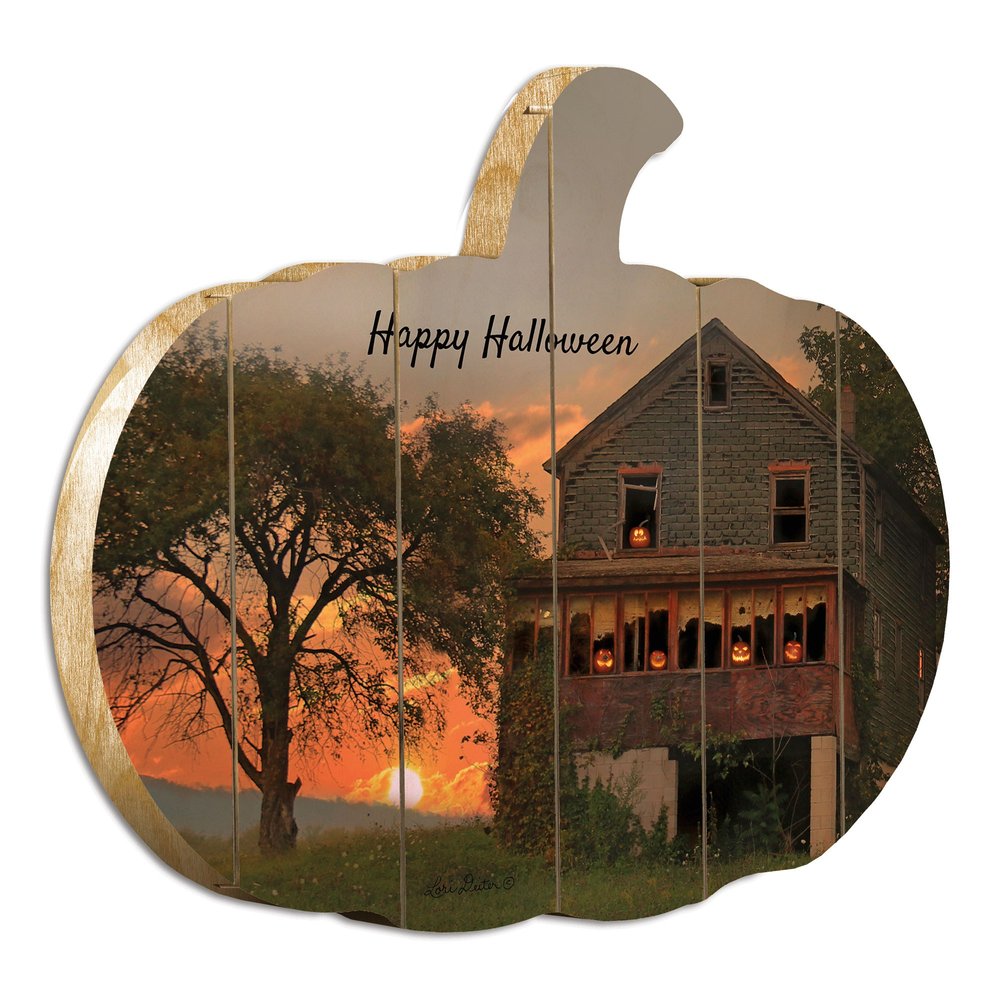 15" X 17" Black And Orange Wood Happy Halloween Pumpkin Hanging Dimensional Sculpture HomeRoots