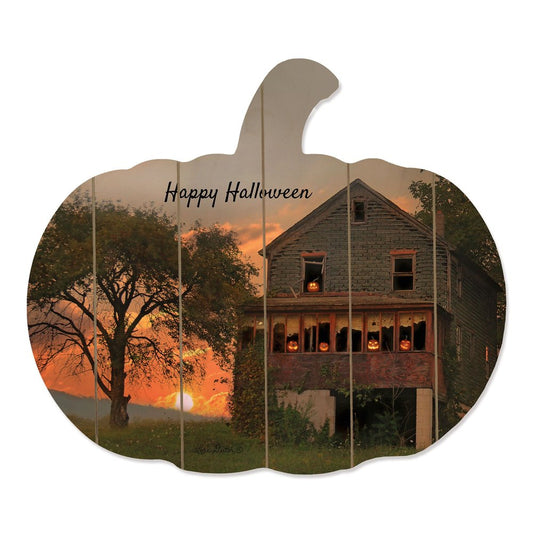 15" X 17" Black And Orange Wood Happy Halloween Pumpkin Hanging Dimensional Sculpture HomeRoots