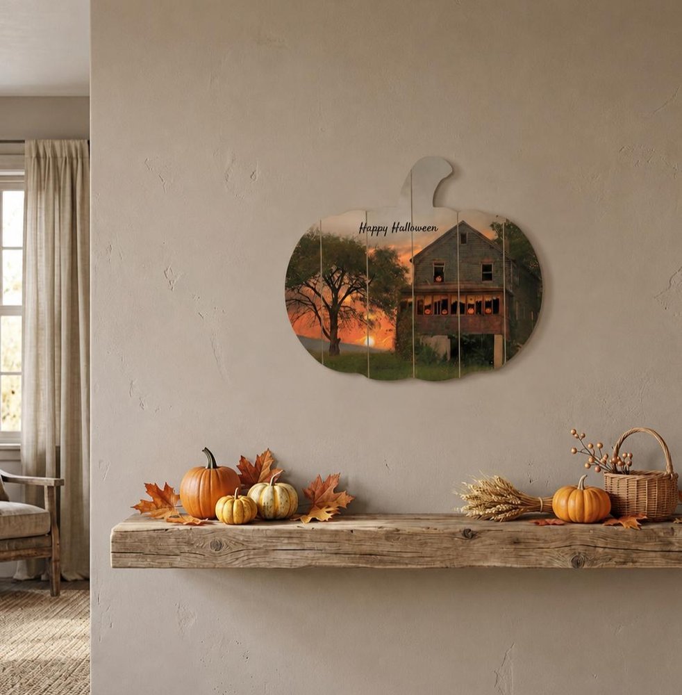 15" X 17" Black And Orange Wood Happy Halloween Pumpkin Hanging Dimensional Sculpture HomeRoots