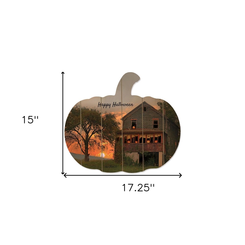15" X 17" Black And Orange Wood Happy Halloween Pumpkin Hanging Dimensional Sculpture HomeRoots