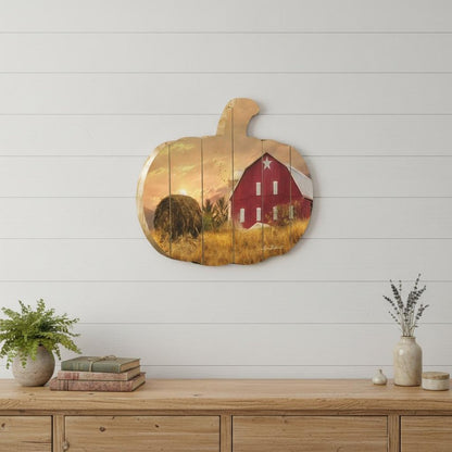 15" X 17" Green Light Yellow And Red Pumpkin Wood Plank Hanging Wall Decor