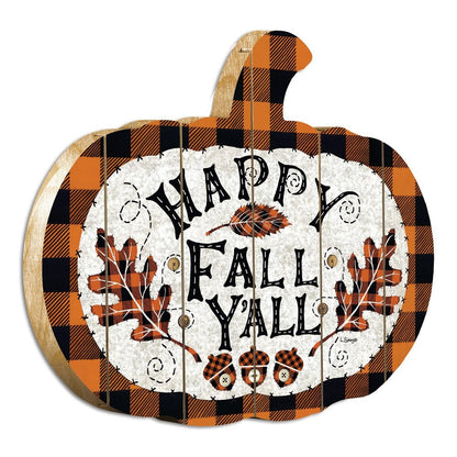 15" X 17" Black And Orange Wood Happy Fall Yall Pumpkin Hanging Dimensional Sculpture HomeRoots