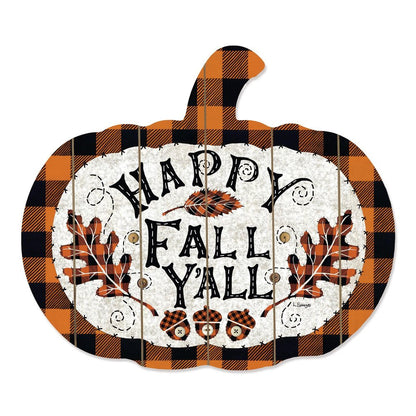 15" X 17" Black And Orange Wood Happy Fall Yall Pumpkin Hanging Dimensional Sculpture HomeRoots