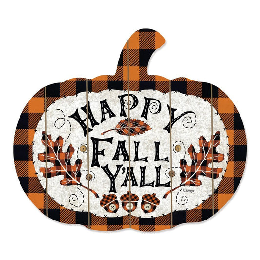 15" X 17" Black And Orange Wood Happy Fall Yall Pumpkin Hanging Dimensional Sculpture HomeRoots