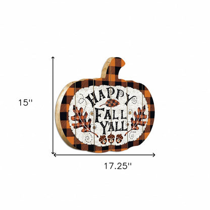 15" X 17" Black And Orange Wood Happy Fall Yall Pumpkin Hanging Dimensional Sculpture HomeRoots