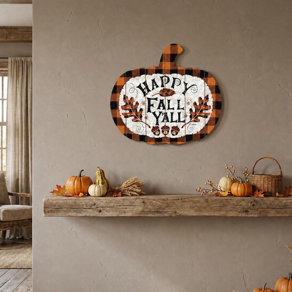 15" X 17" Black And Orange Wood Happy Fall Yall Pumpkin Hanging Dimensional Sculpture HomeRoots