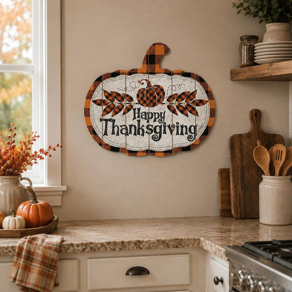 15" X 17" Black And Orange Wood Happy Thanksgiving Pumpkin Hanging Dimensional Sculpture HomeRoots