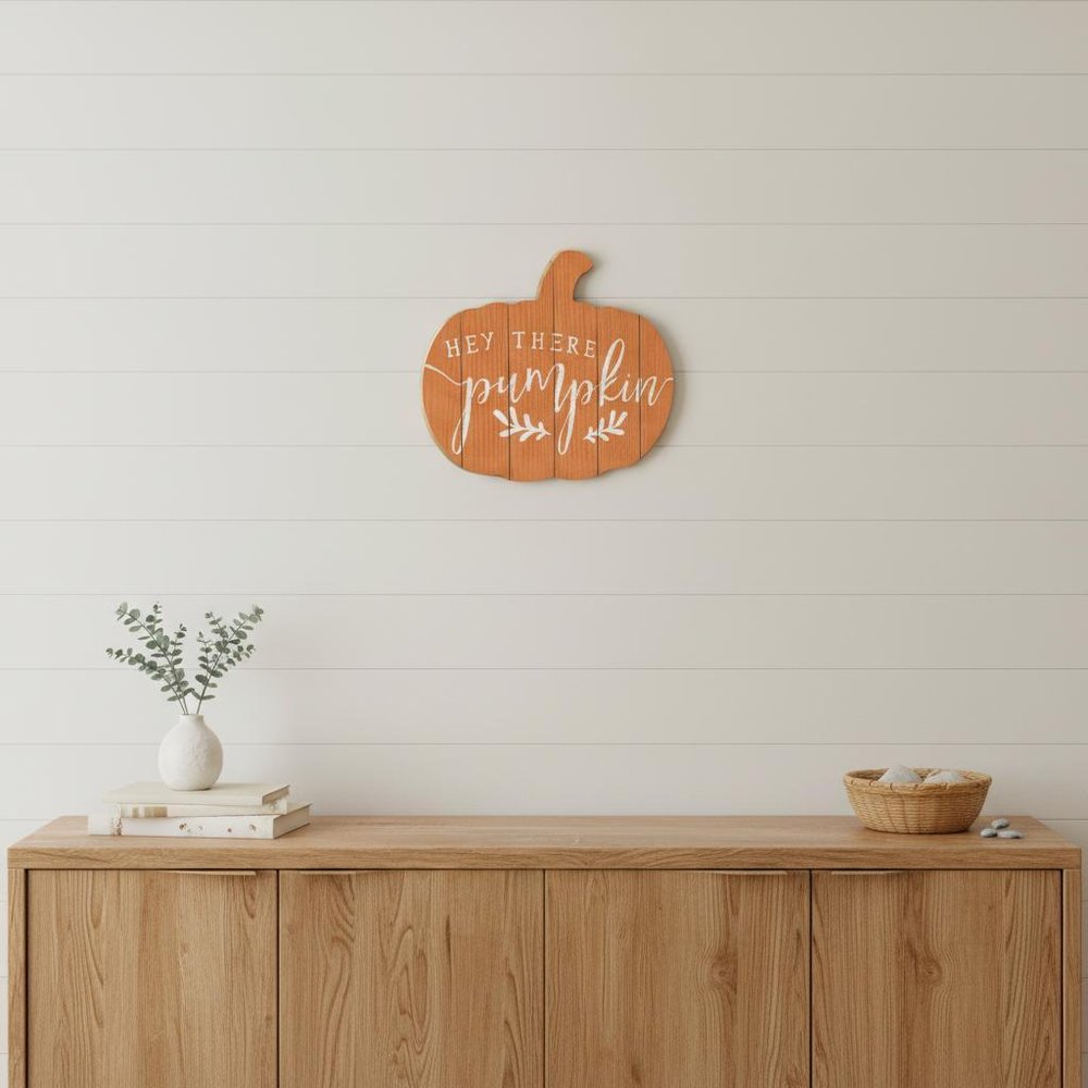 Orange and White Hey There Pumpkin Shaped Wall Art HomeRoots