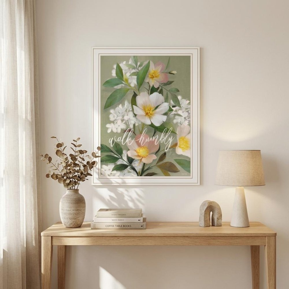 Walk Humbly Floral 2 White Framed Print Wall Art — view 1
