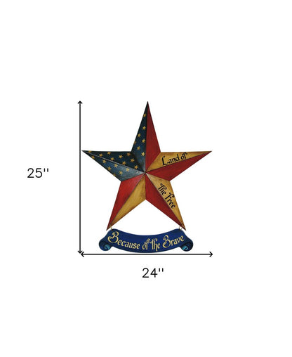 25" X 24" Blue And Red Wood And Metal Star Patriotic Hanging Dimensional Sculpture