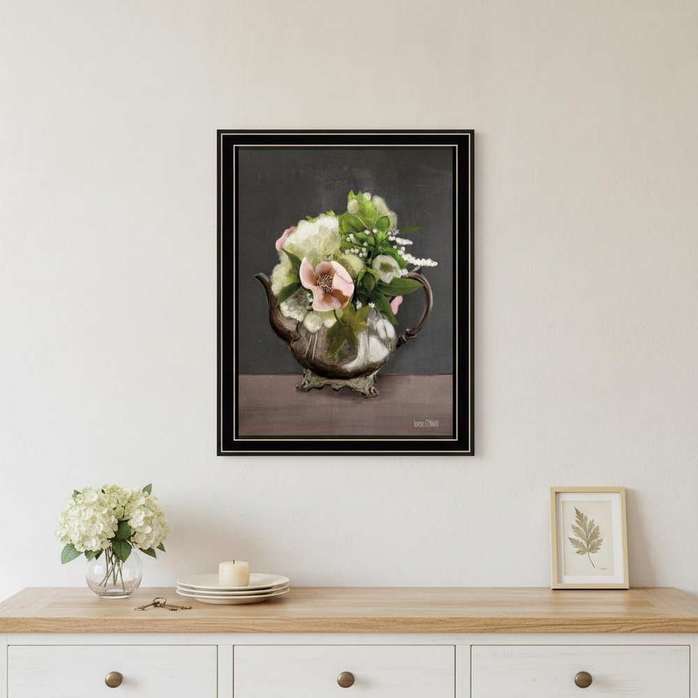 Vintage Floral Tea Pot 2 Black Framed Print Kitchen Wall Art — view 1