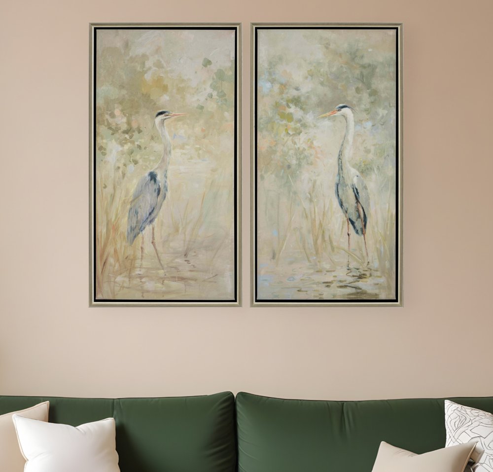 Set Of Two Wading Heron Canvas Silver Floater Frame Print Wall Art HomeRoots