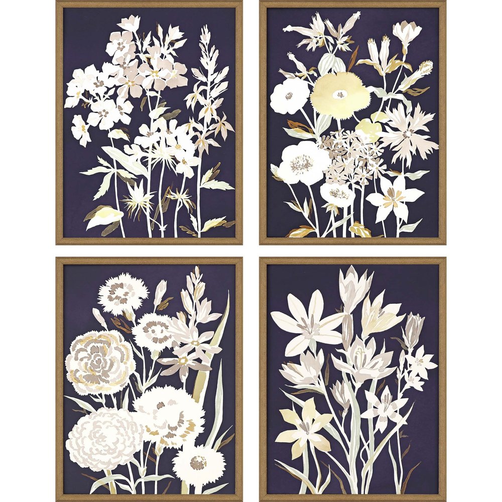 Set Of Four Midnight Florals Gold Framed Print Wall Art HomeRoots