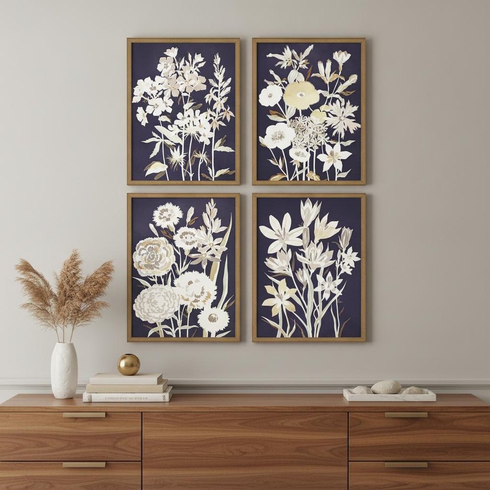 Set Of Four Midnight Florals Gold Framed Print Wall Art HomeRoots