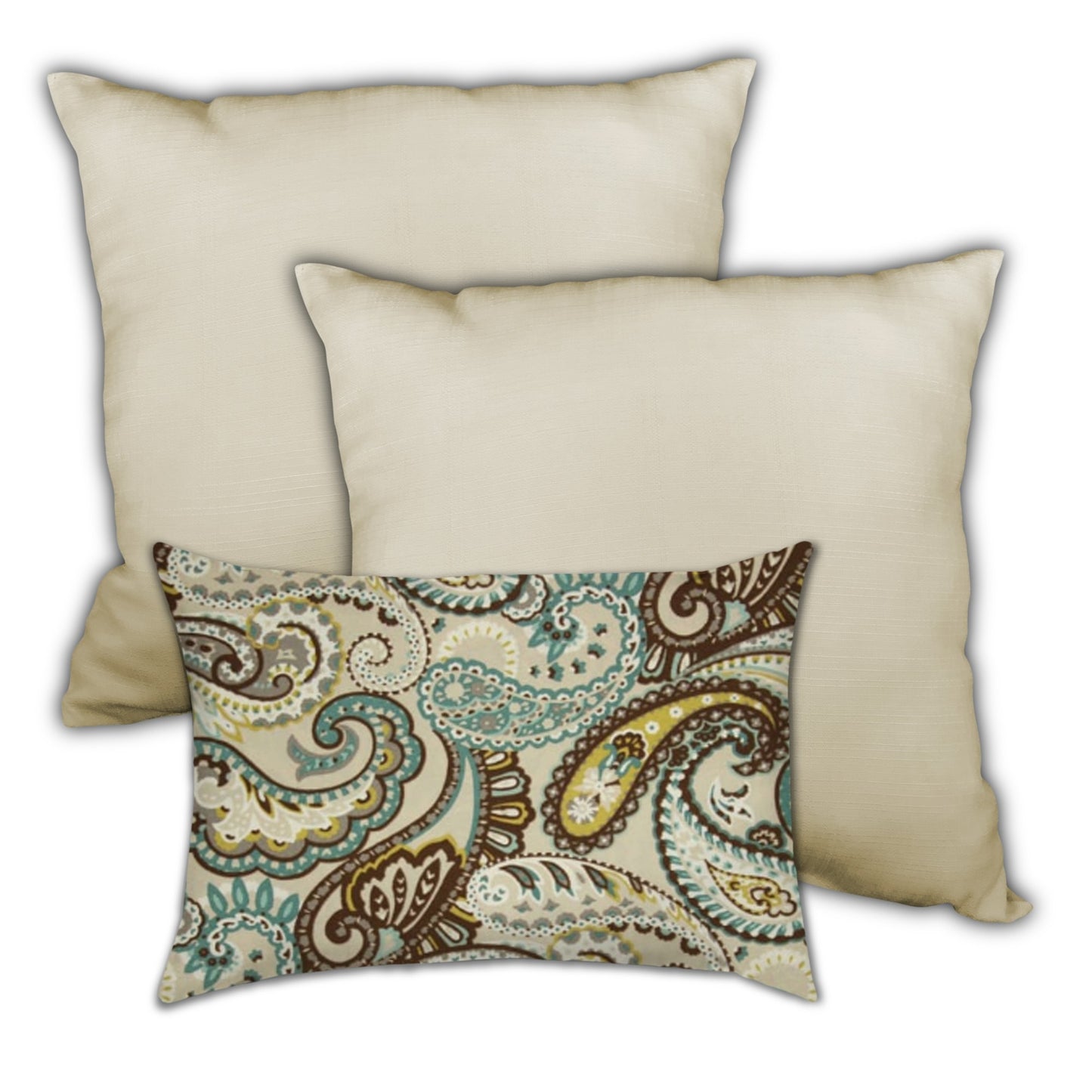 Set Of Three 18" X 18" Brown And Tan Blown Seam Paisley Throw Indoor Outdoor Pillow