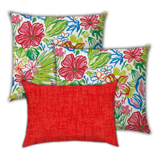 Set Of Three 18" X 18" Red And White Zippered Floral Throw Indoor Outdoor Pillow