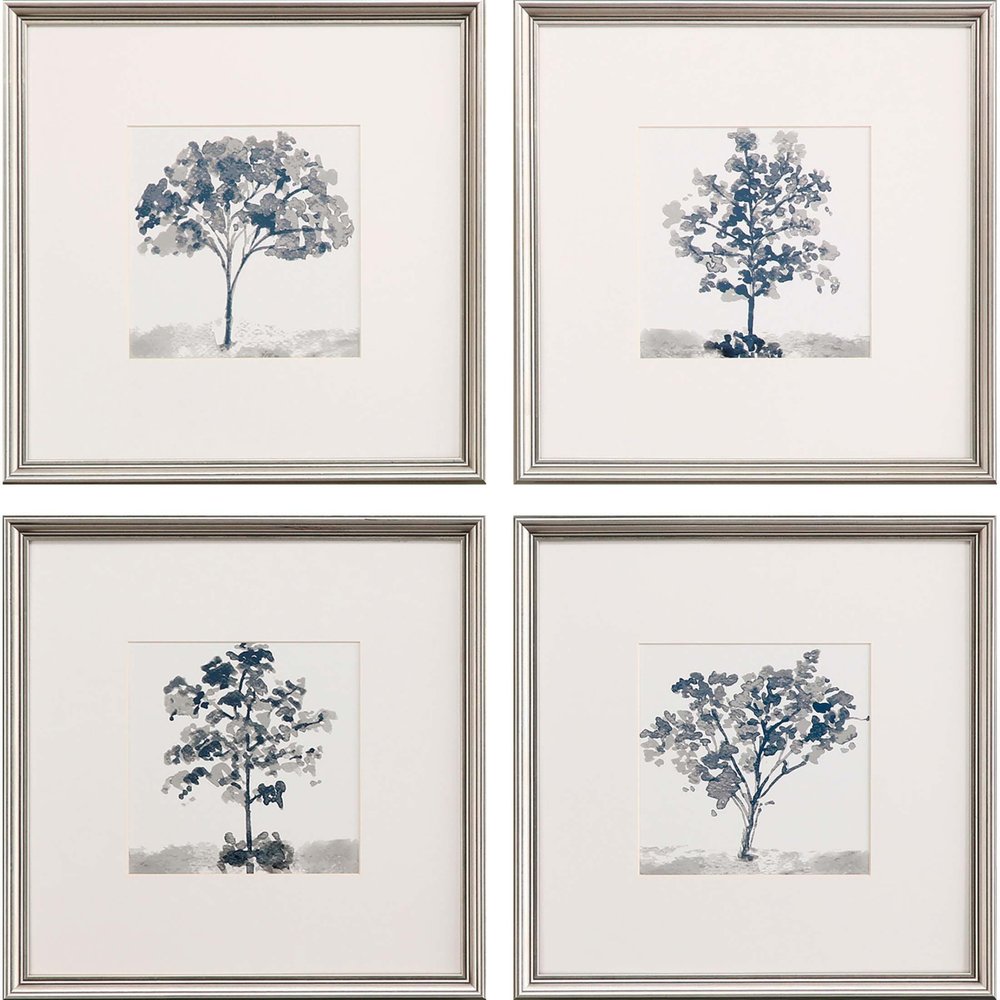 Set Of Four Slate Trees Silver Framed Print Wall Art