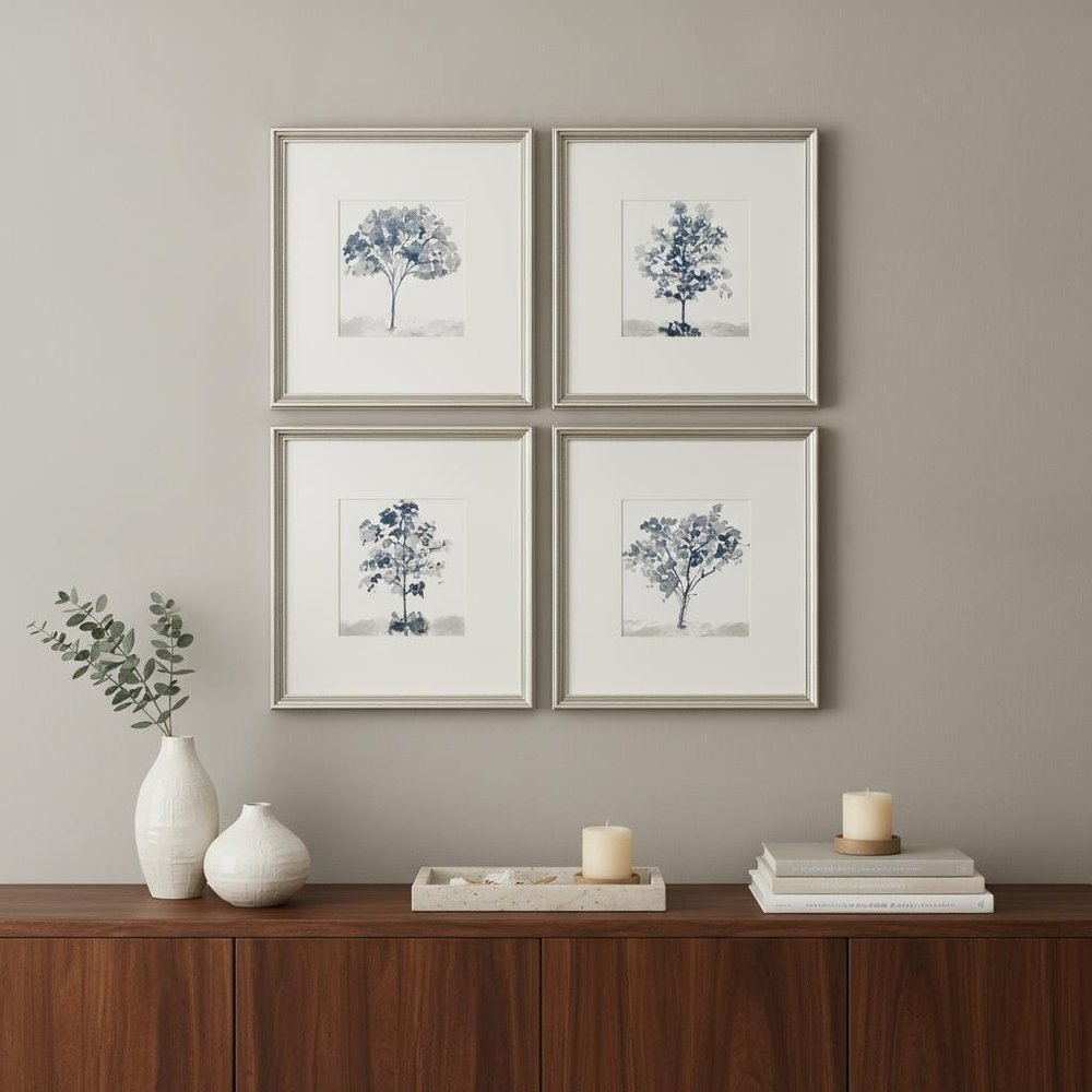 Set Of Four Slate Trees Silver Framed Print Wall Art