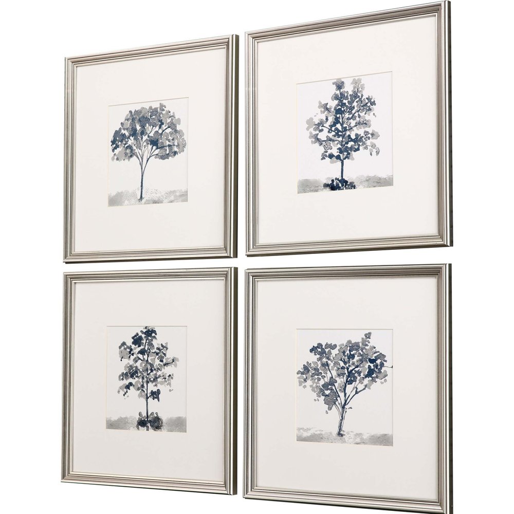 Set Of Four Slate Trees Silver Framed Print Wall Art