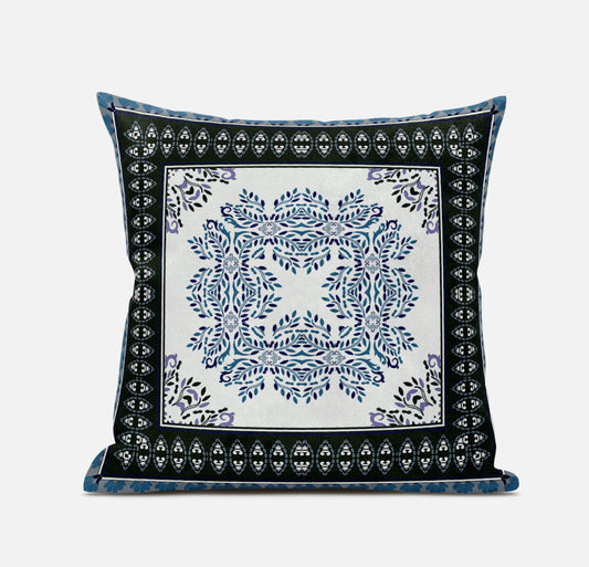 20" X 20" Black Ivory Blue Geometric Blown Seam Suede Throw Pillow FurniFindUSA