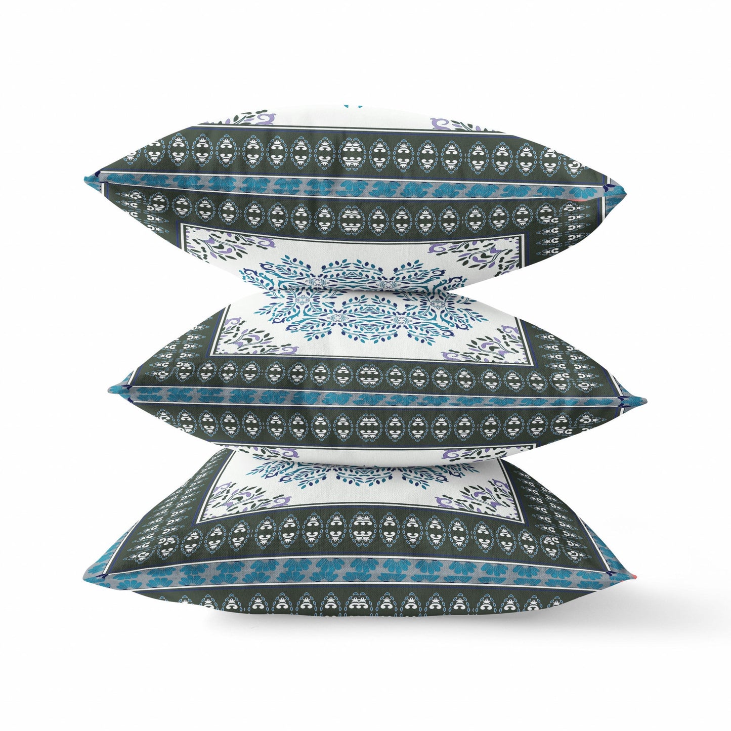 20" X 20" Black Ivory Blue Geometric Blown Seam Suede Throw Pillow FurniFindUSA
