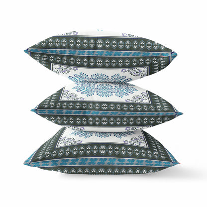 20" X 20" Black Ivory Blue Geometric Blown Seam Suede Throw Pillow FurniFindUSA