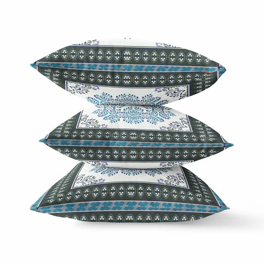 20" X 20" Black Ivory Blue Geometric Blown Seam Suede Throw Pillow FurniFindUSA