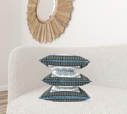 20" X 20" Black Ivory Blue Geometric Blown Seam Suede Throw Pillow FurniFindUSA