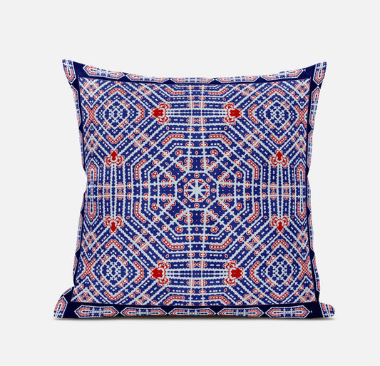 20" X 20" Indigo Red Geometric Blown Seam Suede Throw Pillow FurniFindUSA