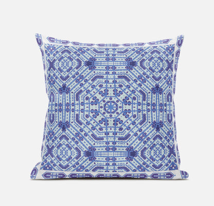20" X 20" Indigo White Geometric Blown Seam Suede Throw Pillow FurniFindUSA