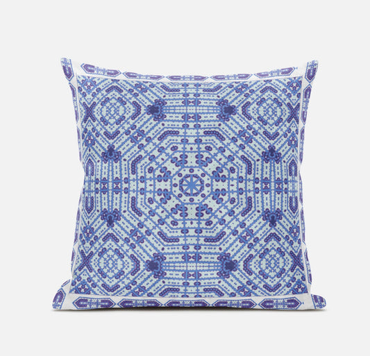 20" X 20" Indigo White Geometric Blown Seam Suede Throw Pillow FurniFindUSA