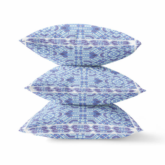 20" X 20" Indigo White Geometric Blown Seam Suede Throw Pillow FurniFindUSA