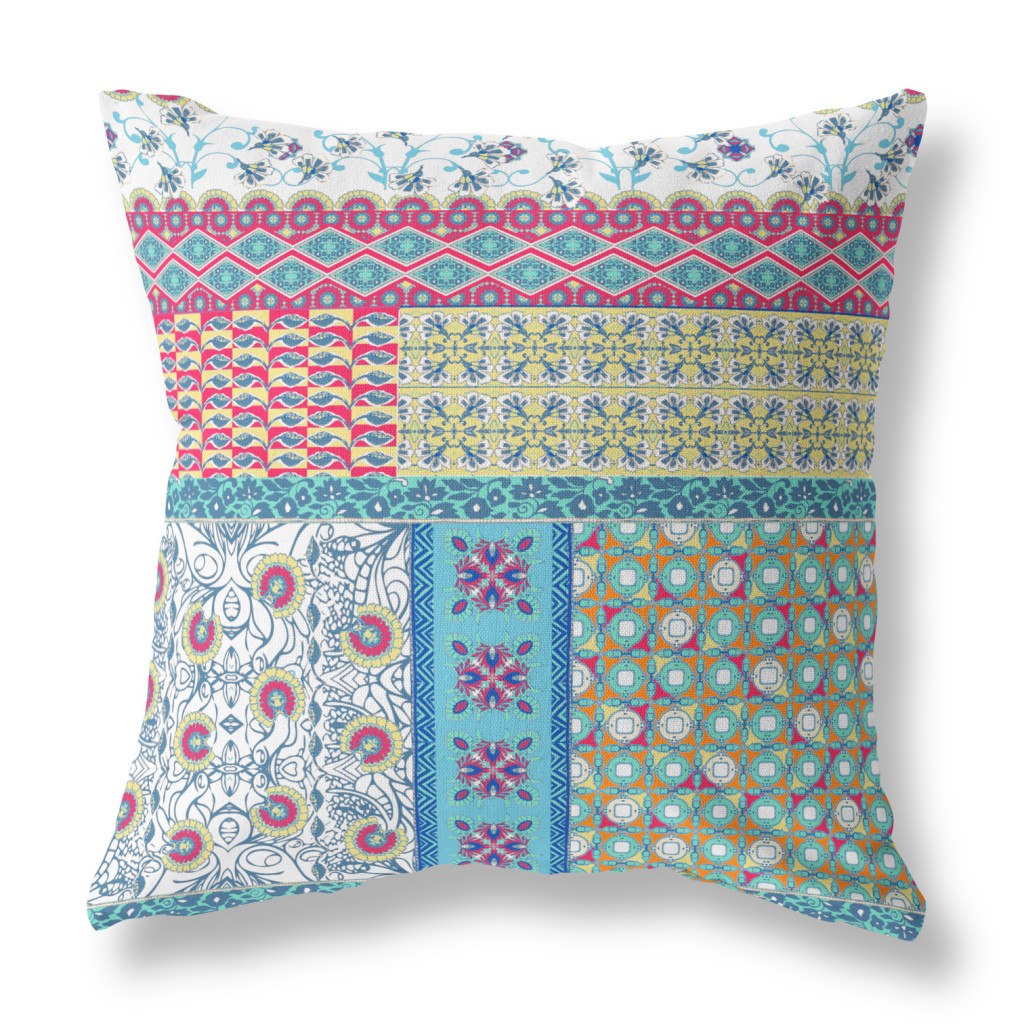 16"X16" Teal Blue Microsuede Patchwork Zippered Pillow FurniFindUSA