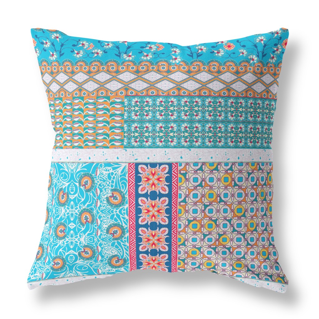16"X16" Turquoise Microsuede Patchwork Zippered Pillow FurniFindUSA