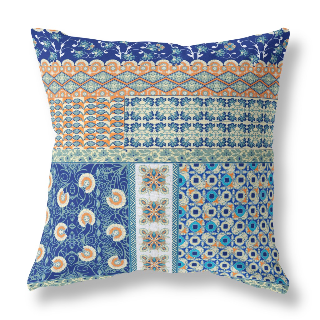 16"X16" Blue And Orange Microsuede Patchwork Zippered Pillow FurniFindUSA
