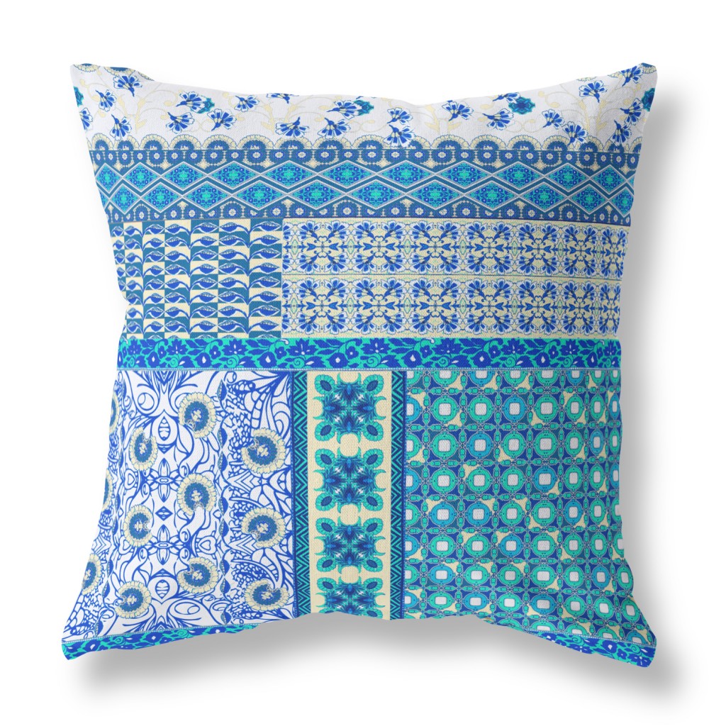 16"X16" Blue And White Microsuede Patchwork Zippered Pillow FurniFindUSA