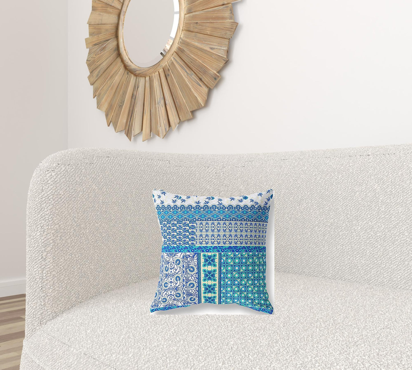 16"X16" Blue And White Microsuede Patchwork Zippered Pillow FurniFindUSA