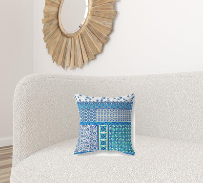 16"X16" Blue And White Microsuede Patchwork Zippered Pillow FurniFindUSA