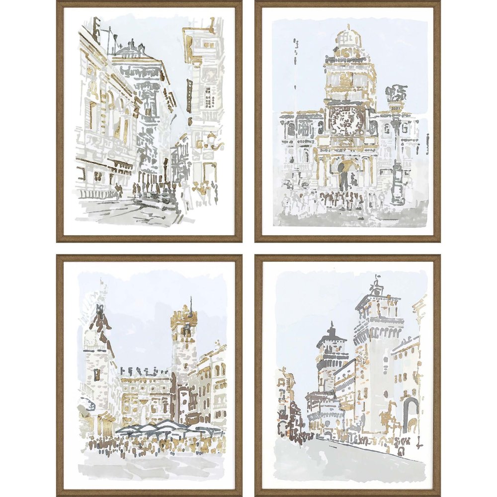 Set Of Four Street Scenes Gold Framed Print Wall Art
