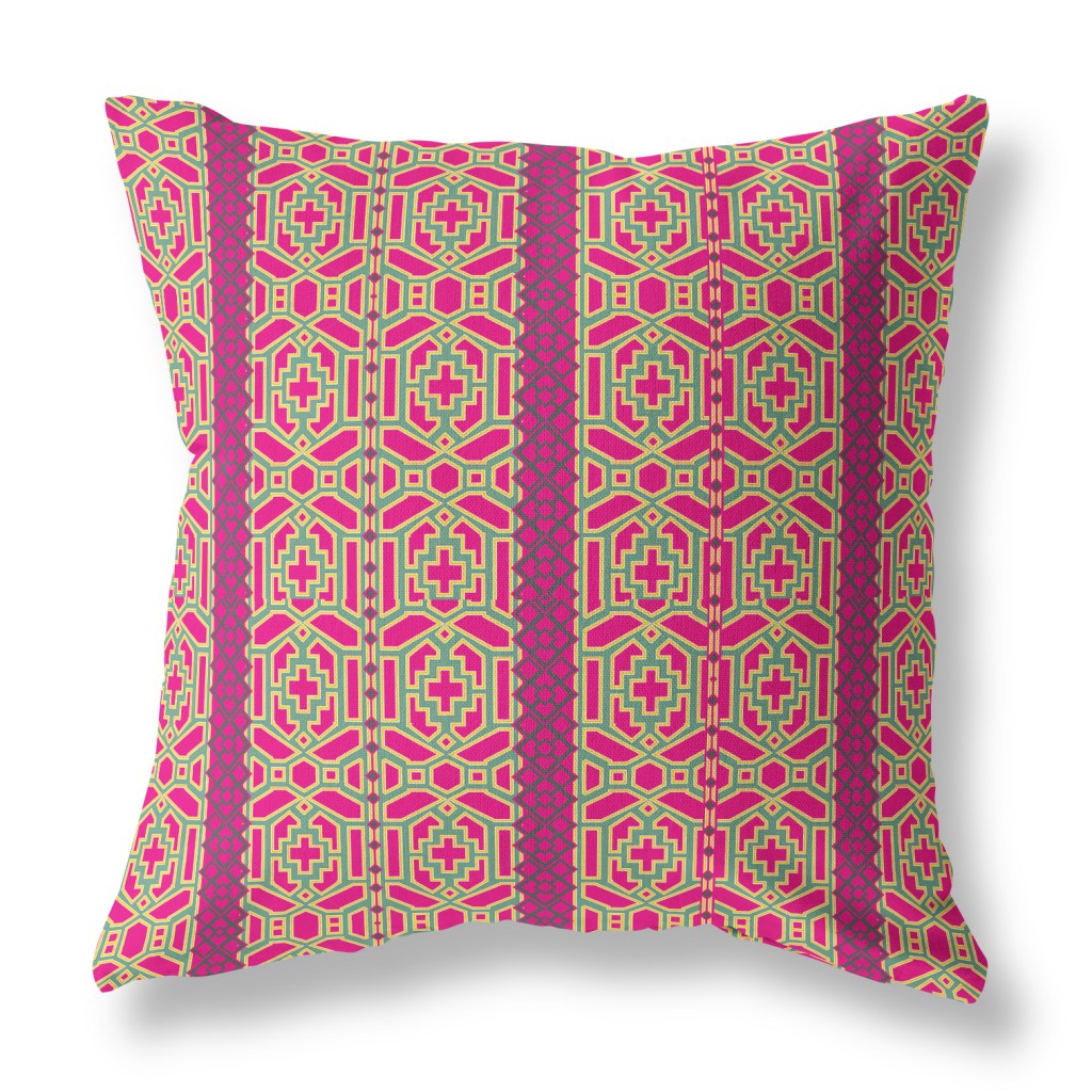 16" X 16" Pink And Green Geometric Zippered Suede Throw Pillow FurniFindUSA