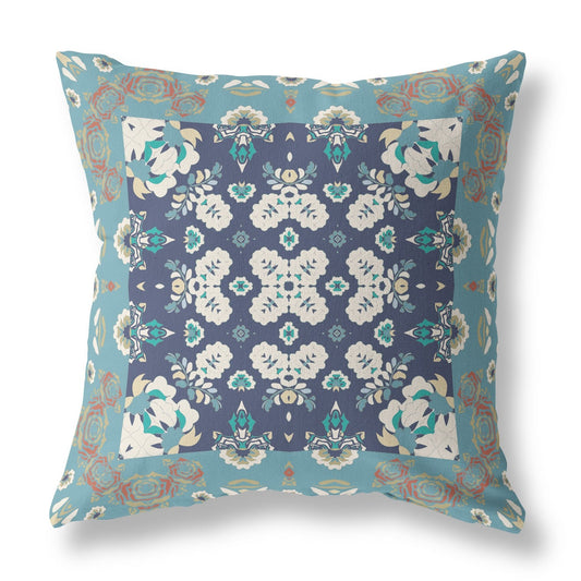 16" X 16" Gray And Blue Floral Zippered Suede Throw Pillow FurniFindUSA