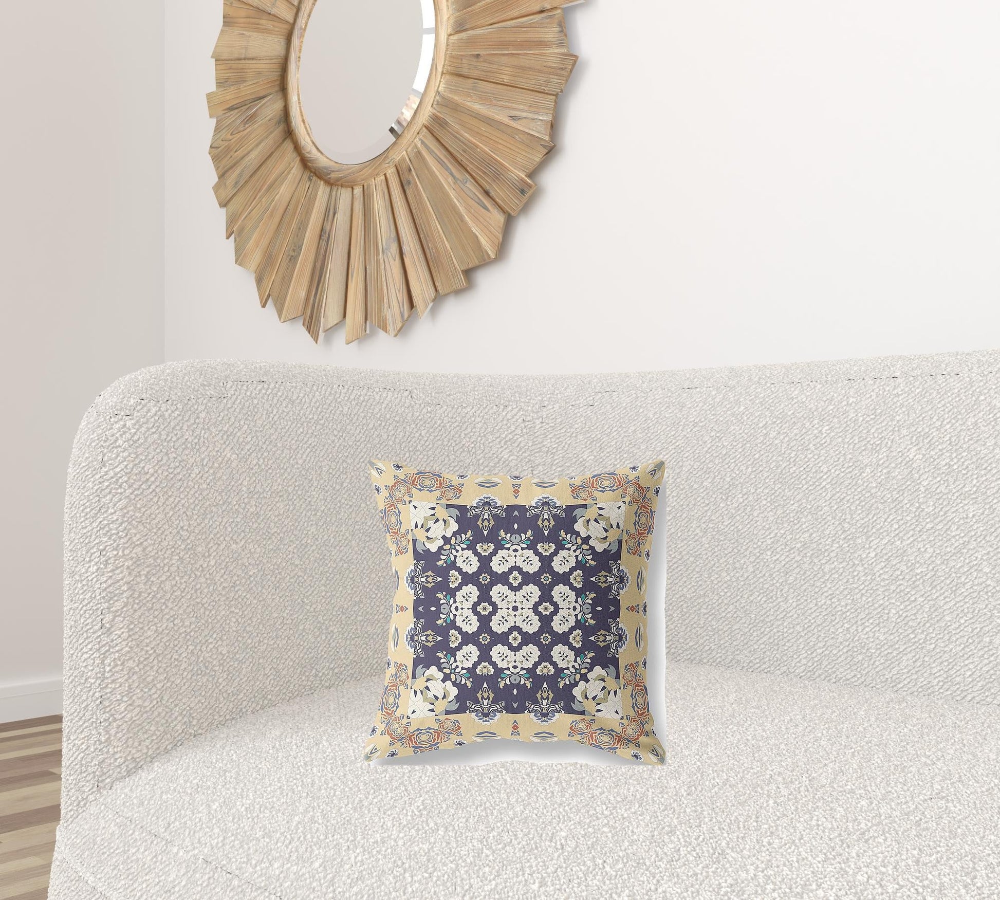 16" X 16" Yellow And Navy Floral Zippered Suede Throw Pillow FurniFindUSA
