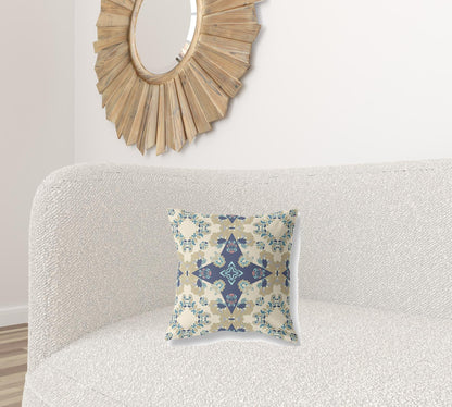 16" X 16" Cream And Blue Floral Zippered Suede Throw Pillow FurniFindUSA
